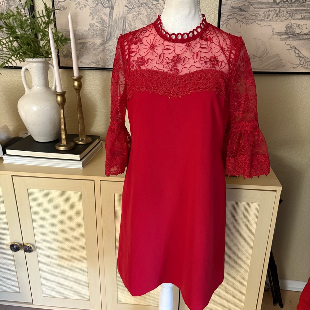 TED‎ BAKER Red Raechal Lace Flare Sleeve Cocktail Dress Size 2